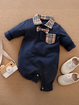 Hopscotch - Boys Navy Checkered Full-Sleeve Romper