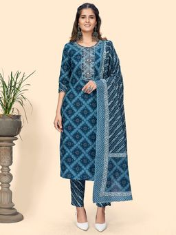 Vbuyz - Women Bandhani Print & Embroidered Straight Blue Kurta Pant with Dupatta (Set of 3)