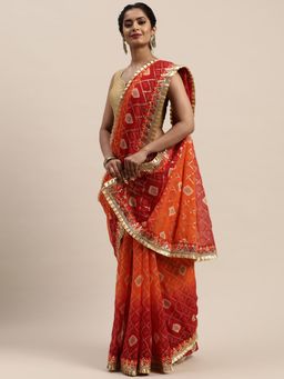 Vastranand - Maroon & Orange Poly Georgette Printed Bandhani Saree with Unstitched Blouse