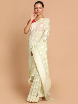 Indethnic - Banarasi Pista Woven Design Work Wear Saree With Unstitched Blouse