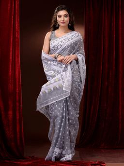 CHARUKRITI - Light Grey Silk Cotton Handwoven Jamdani Saree with Floral Borders and Paisley Pallu