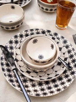 Amalfiee Ceramics - Shatranj Black and White Printed Dinner (Set of 8)