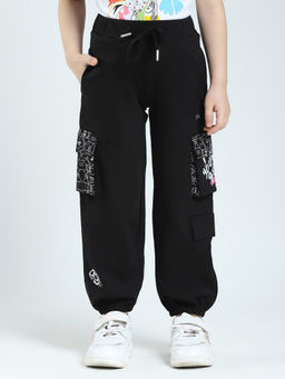 Monte Carlo - Girls Black Printed Regular Fit Joggers