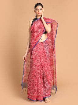 Indethnic - Maroon Printed Super Net Saree with Unstitched Blouse