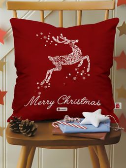 Indigifts - Micro Satin Fibre Christmas Reindeer Print Cushion Cover with Filler (Maroon)