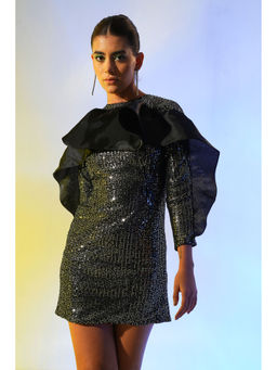 Label Iris - Black & Silver Organza Ruffle Dress