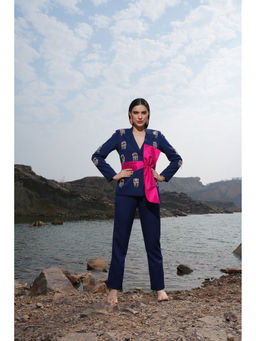 Label Iris - Navy Embellished Bow Jacket With Pant (Set of 2)