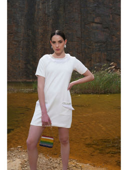 Label Iris - Ivory Feather Embellished Pocket Dress