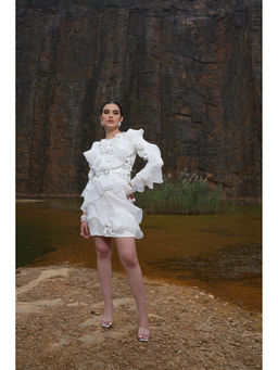 Label Iris - Ivory Embellished Ruffle Dress With Belt (set of 2)