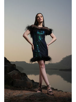 Label Iris - Green And Black Rainbow Sequin Feather Dress