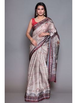 Zari Jaipur - Cream Digital Print Tussar Satin Saree with Unstitched Blouse