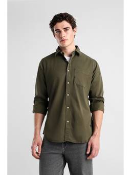 Van Heusen - Men Dark Olive Solid Full Sleeves Casual Shirt