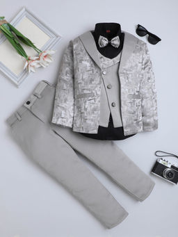 FOURFOLDS - Boys Grey Jacquard 3 Piece Party Suit Set With Bow