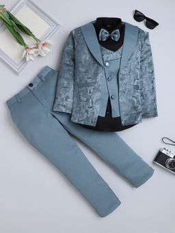 FOURFOLDS - Boys Blue Jacquard 3 Piece Party Suit Set With Bow