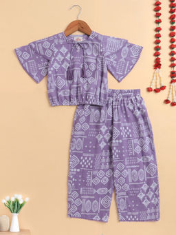 The Magic Wand - Purple Cambric Cotton Flutter Sleeves Printed Co-Ord Set