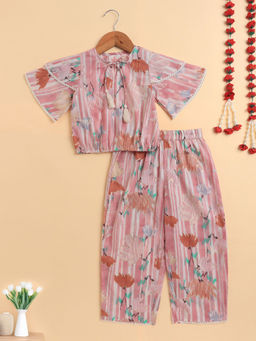 The Magic Wand - Pink Cambric Cotton Flutter Sleeves Printed Co-Ord Set