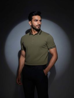 OUTERWORLD - Olive Solid Collar Neck Polo T-Shirt