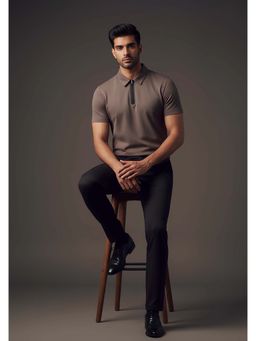 OUTERWORLD - Grey Solid Zipper Polo T-Shirt