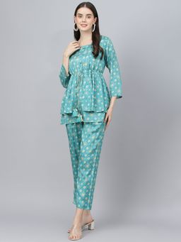 Divena - Bandhani Teal Muslin Three Piece Top Pant With Peplum Jacket (Set of 3)