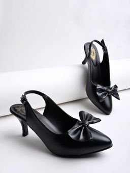 Shoetopia - Pointed Toe and Bow Detailed Black Heels for Women