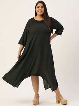 theRebelinme - Plus Size Women Black Solid Color Woven A-Line Midi Dress