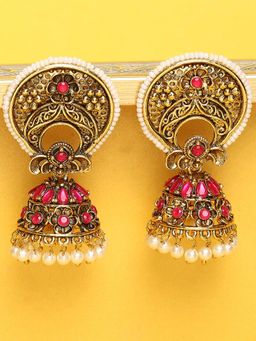 OOMPH - Rani Pink Stone & Pearls Ethnic Jhumka Earrings