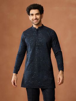 KISAH - Men Navy Blue Silk Blend Embroidered Festive Kurta