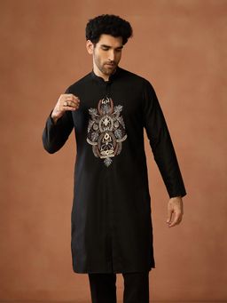 KISAH - Men Black Silk Blend Embroidered Festive Kurta