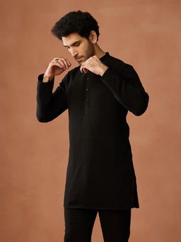 KISAH - Men Black Silk Blend Solid Festive Kurta