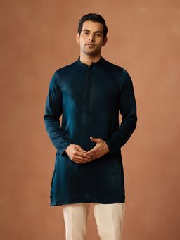 KISAH - Men Teal Silk Blend Velvet Finish Solid Kurta