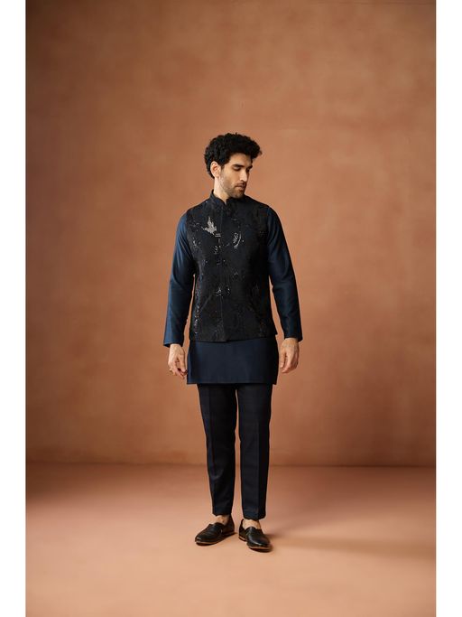 KISAH Men Navy Blue Nehru Jacket