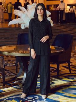 Autumnlane - Black Bani Ebony Handwork Bib Style Top with Palazzo and Jacket