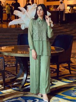 Autumnlane - Green Bani Pear Handwork Top with Palazzo and Jacket