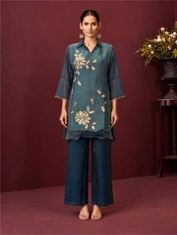 Autumnlane - Teal Elini Cobalt Handwork Bib Style Festive Kurta with Pant and Jacket