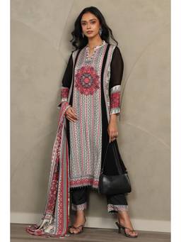 Soch - Women Black Muslin Botanical Printed Kurta with Pants and Dupatta