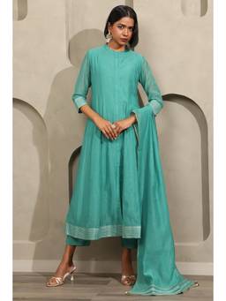 Soch - Women Teal Mul Chanderi Solid Kurta with Pants and Dupatta