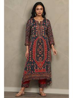 Soch - Women Navy Blue Muslin Botanical Printed Kurta with Pants