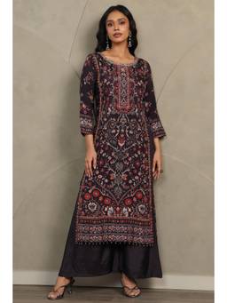 Soch - Women Wine Muslin Botanical Printed Kurta with Palazzos