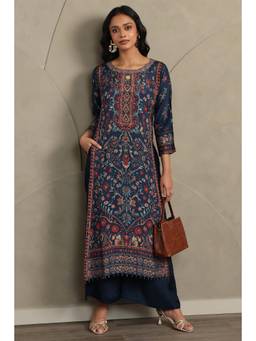 Soch - Women Navy Blue Muslin Botanical Printed Kurta with Palazzos
