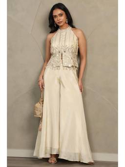 Soch - Women Beige Tissue Zari Embroidered Top with Palazzo