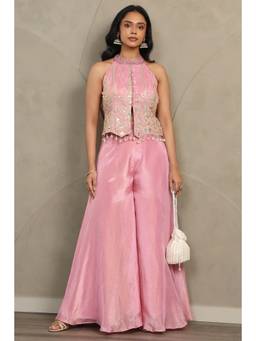 Soch - Women Pink Tissue Zari Embroidered Top with Palazzo