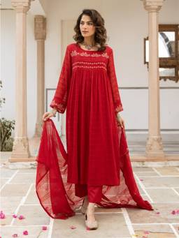 Autumnlane - Red Karen Fiesta Embroidery Cotton Kurta with Pant and Dupatta