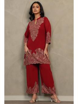 Soch - Women Maroon Georgette Aari Embroidered Kurta with Palazzo