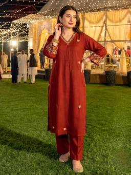 Autumnlane - Rust Mishka Tangerine Embroidery Kurta with Pant