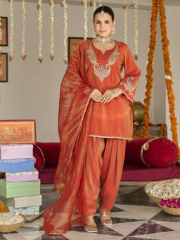 Autumnlane - Rust Opela Raisin Work Farshi Kurta with Pant and Dupatta