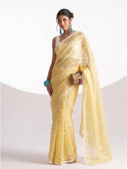 RACHNA - Yellow Striped Pure Chiffon Ready To Wear Saree