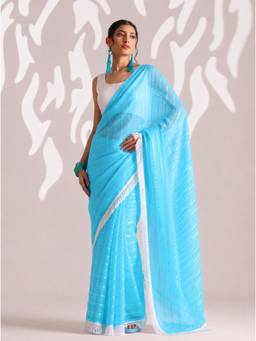 RACHNA - Blue Striped Pure Chiffon Ready To Wear Saree