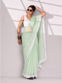 RACHNA - Green Striped Pure Chiffon Ready To Wear Saree