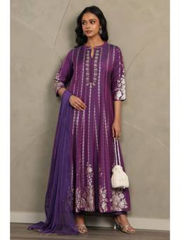 Soch - Women Purple Floral Zari Embroidered Kurta with Pants and Dupatta