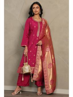 Soch - Women Magenta Silk Zari Woven Kurta with Palazzo and Dupatta